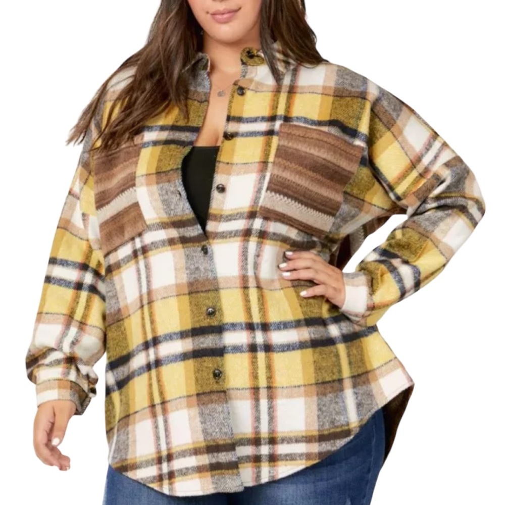 Plus Size Plaid Button-Up Shirt in Yellow and Brown